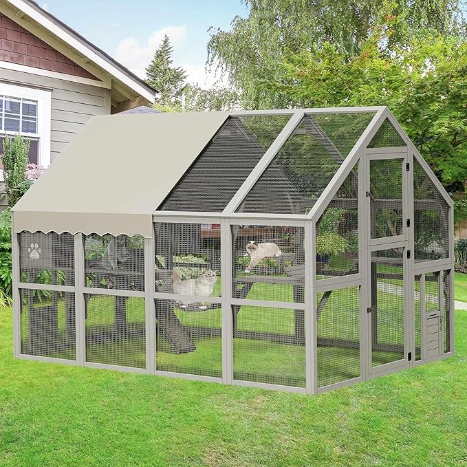 YITAHOME Extra Large Catio Outdoor Cat Enclosure, 110 Inch Outside Cattery with Weatherproof Roof, Scratcher Ramp, Cat Space Capsule Bed, 2 Bridges, 2 Resting Houses, 7 Solutions
