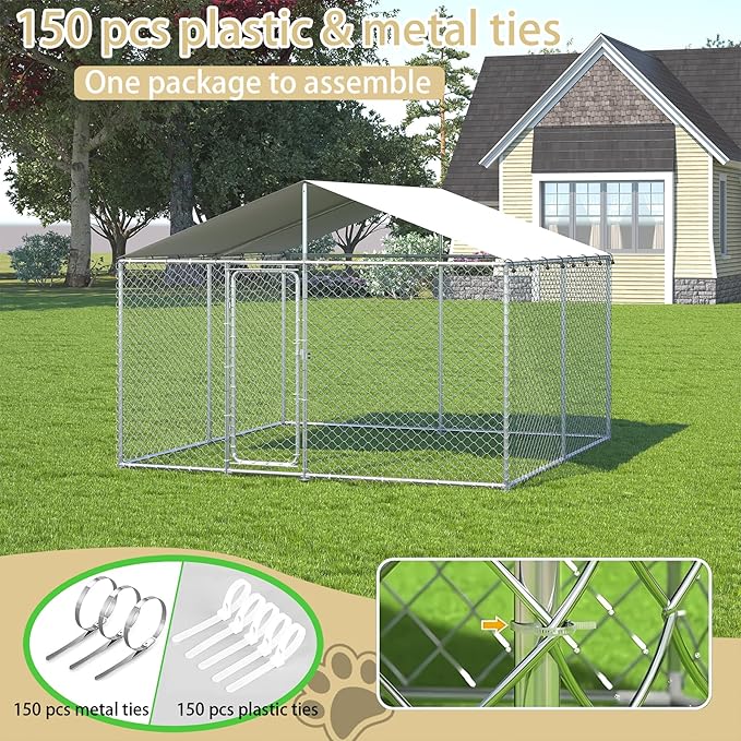 7.8x7.8 ft Outdoor Dog Kennel Outside with Metal Gate Large Dog, Outdoor Dog Pens with Roof, Heavy Duty Dog Kennel for Backyard Farm Use (93x93x63IN)