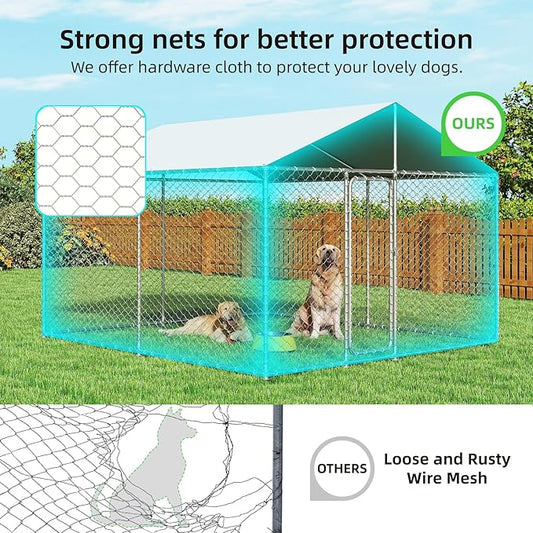 10x10 FT Outdoor Dog Kennel Outside Heavy Duty Dog Enclosure with Waterproof Cover and Security Lock(124x124x87Inch)