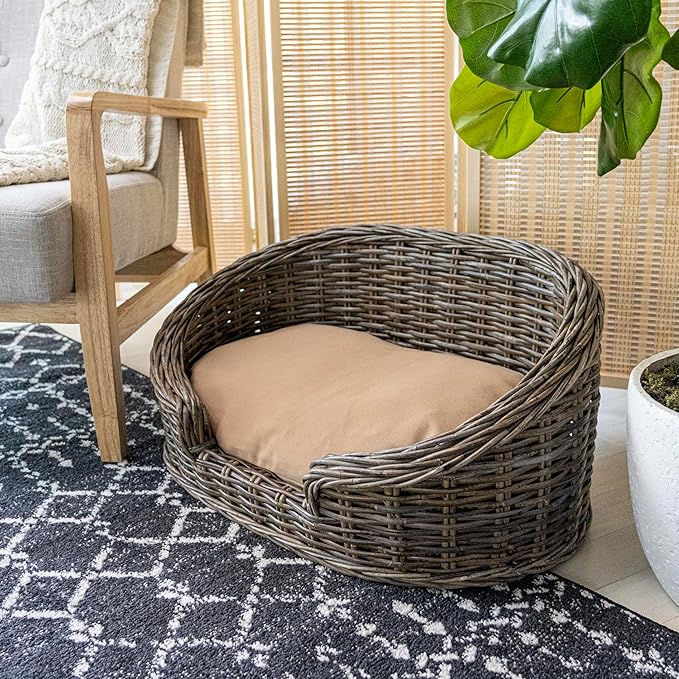 DBD1000A Curvy 28.5" x 17.25" Classic Handwoven Rattan Dog Bed with Machine-Washable Cushion, Kubu Gray