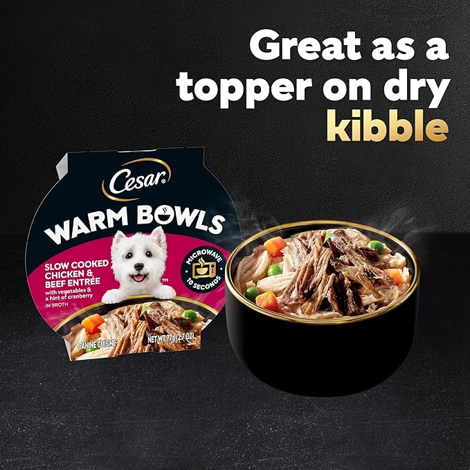 Cesar Warm Bowls Wet Dog Food Chicken & Beef Entree with Vegetables & a Hint of Cranberry in Broth, 2.7 oz. Bowls, 10 Count (Pack of 1)