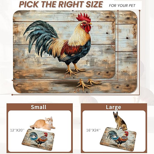 Rooster Dog Food Mat for Floors,Vintage Wood Panel Absorbent Quick-Dry Pet Feeding Mat,Cat Dog Bowl Mats for Food and Water,Non-Slip Pet Accessories Supplies 16"x24"