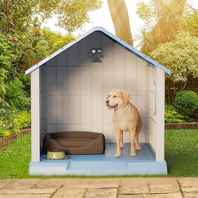 Fancyango Dog House Outdoor Indoor - Waterproof, Ventilated, Easy to Clean, Elevated Floor for Small-Large Dogs, Easy to Assemble (Blue, 37.2" L x 40" W x 40" H)