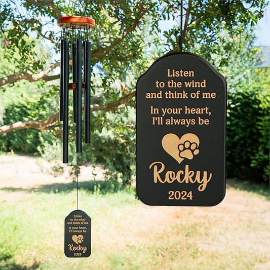 Personalized Dog Memorial Gifts for Loss of Dog Wind Chime w/Name & Date, Listen to The Wind and Think of Me - Sympathy Gifts - 37" Custom Engraved Pet Memorial Wind Chime Gift- Black Color, D2