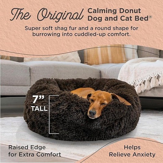 Best Friends by Sheri (or PAWSH Original Calming Donut Dog and Cat Bed, Shag Faux Fur, Dark Brown, Small (23in x 23in) - Helps Provide Anxiety Relief for Pets