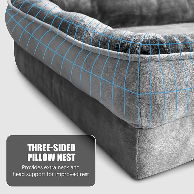 Orthopedic Dog Bed with Sides - Dog Sofa Beds for Medium Dogs, Supportive Foam Pet Couch Bed with Washable Removable Cover, Waterproof Lining and Non-Slip Bottom, Grey - M