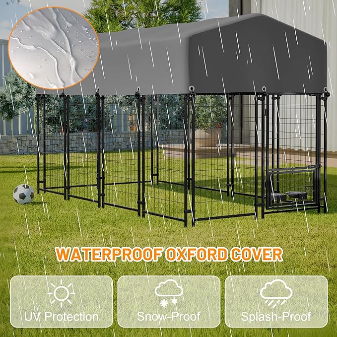 Dog Crate Dog Kennel Outdoor W/Roof,Dog Cage W/ 360°Rotating Feeder & Secure Lock,Weatherproof Dog Pens Outside W/Flexible Clamps,for Medium/Large,Grey(4.23x7.81x4.83 FT)