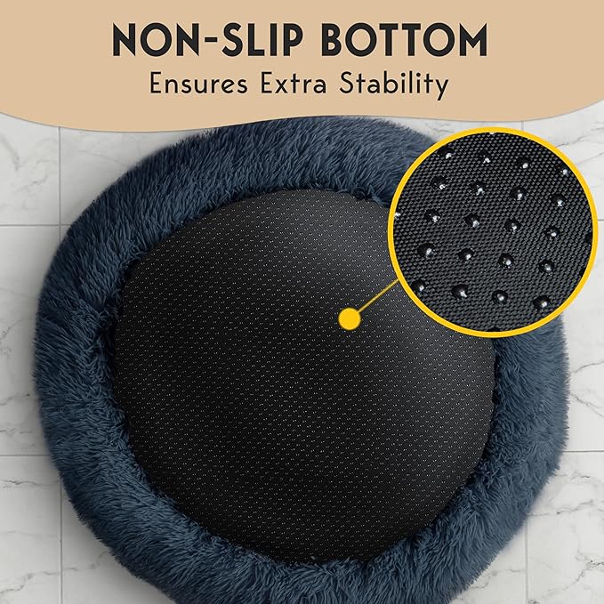 PetJett Calming Dog Beds Large Sized Dog - 36'' Round Bed, Anti-Slip & Washable Super Soft Donut Bed, Fluffy Faux Fur Anti-Anxiety Premium Comfort Pet Bed, Fits Dogs up to 100 lbs - Dark Grey