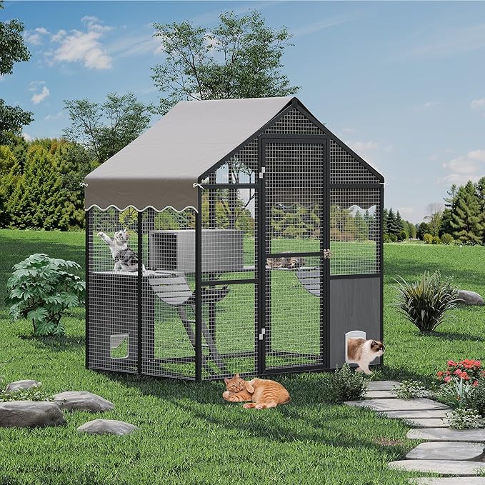 Large Outdoor Cat Enclosure for Multiple Cats - Weatherproof Catio with UV Cover, Platform & Side Door