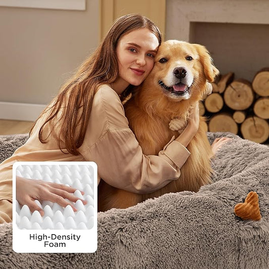 Bedsure Human Dog Bed, 71.0" x 44.0" x 12.0" Calming Giant Human Dog Bed for Adults People Fits Pet Families with Storage Pocket, Fluffy Faux Fur Orthopedic Pet Bean Bed, Camel