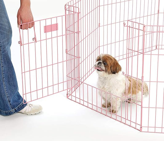 MidWest Homes for Pets Folding Metal Puppy/Dog Exercise Pen, Indoor/Outdoor Playpen with Door, 16 Sq Feet of Play Space, 24-Inches Tall, Pink