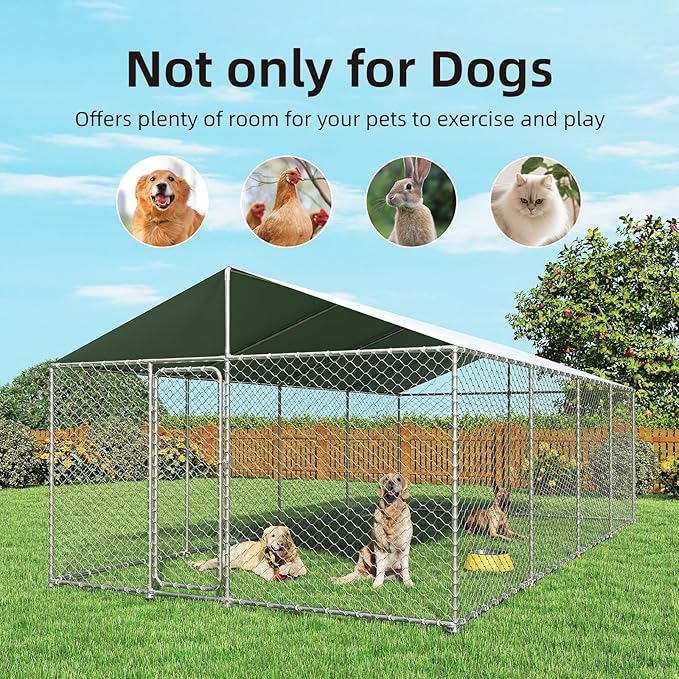 Outdoor Dog Kennel Outside with Metal Large Dog Gate, Outdoor Dog Pens with Roof, Heavy Duty Dog Kennel for Backyard Farm Use (240x120x84IN)