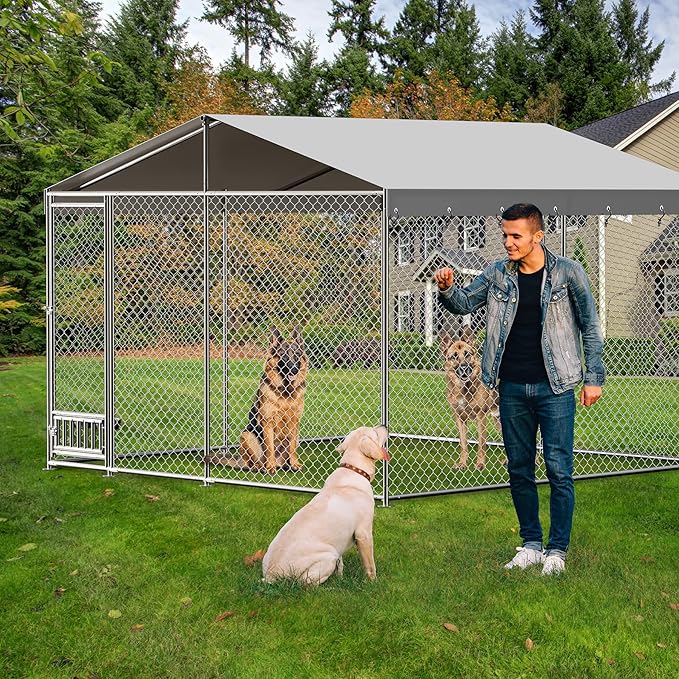 Outdoor Dog Kennel, 10x10 Ft Large Heavy Duty Dog Enclosure with Waterproof Cover Roof, Chain Link Dog Runs Dog House with Secure Lockable Door for Outside Backyard