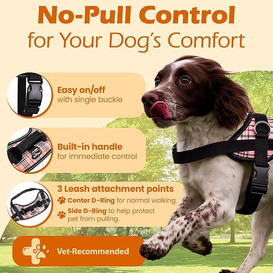 Bark Appeal Pink Plaid No-Pull Dog Harness for Small to Medium Sized Pets – Adjustable, Reflective Vest with 3 Leash Clips for Added Control, Easy Walks & Training – Medium