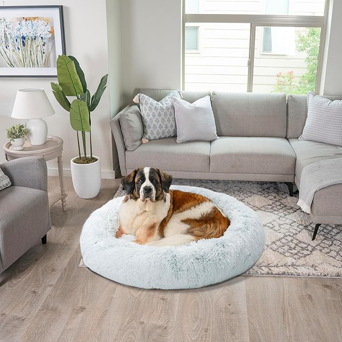 Best Friends by Sheri Original Calming Donut Dog and Cat Bed, Shag Faux Fur, Frost Gray, XL (45in x 45in) - Anxiety Relief for Pets Up to 150 lbs