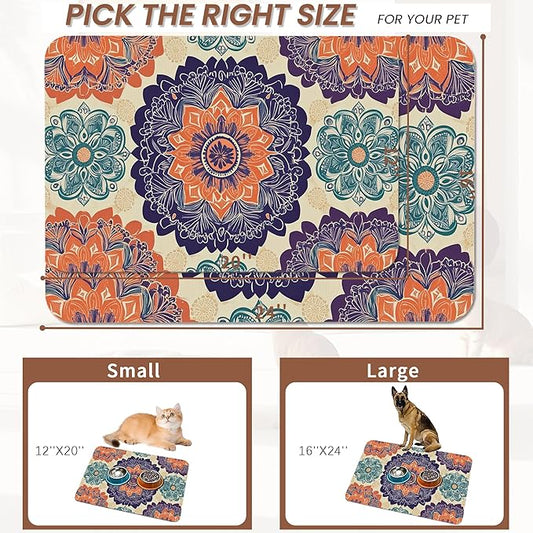 Mandala Flower Dog Cat Food Mat,Vintage Boho Floral Absorbent Pet Feeding Mat with Rubber Backing,Non-Slip Water Bowl Placemat,Indoor Pet Accessories Supplies 12"x20"