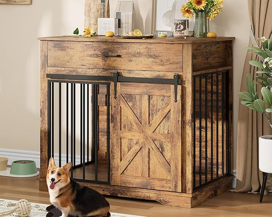 37.8" Dog Crate Furniture for Small Medium Dogs, 2-in-1 Iron-Wood Fusion Dog Cage Indoor As Side End Table, Farmhouse Dogs Kennel with Sliding Barn Doors & Drawer, Brown