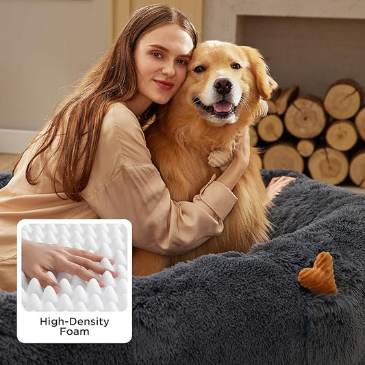 Bedsure Human Dog Bed, 71.0" x 44.0" x 12.0" Calming Giant Human Dog Bed for Adults People Fits Pet Families with Storage Pocket, Fluffy Faux Fur Orthopedic Pet Bean Bed, Dark Grey