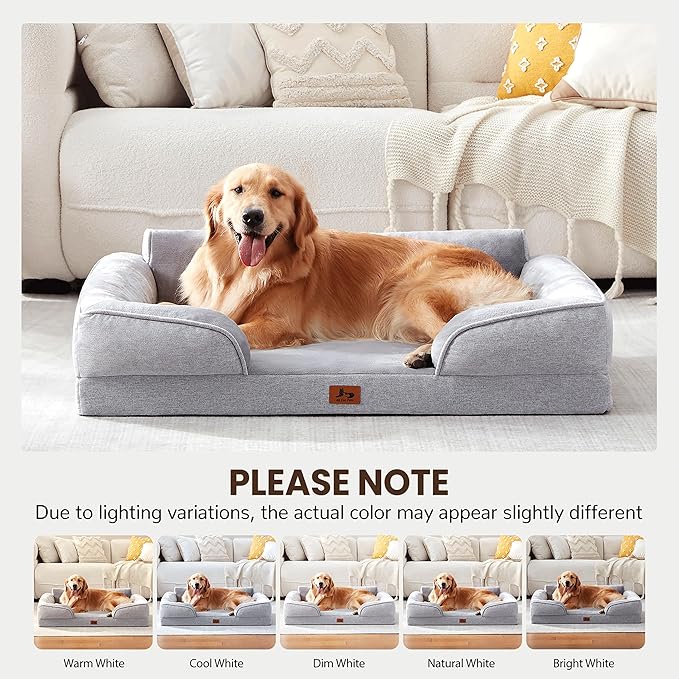 Orthopedic Dog Beds for Large Dogs, Waterproof XL Pet Couch Bed with Soft Sides, Washable Dog Sofa with Flannel Removable Cover, 42" L Supportive Egg-Crate Foam Pet Sofa, Light Grey