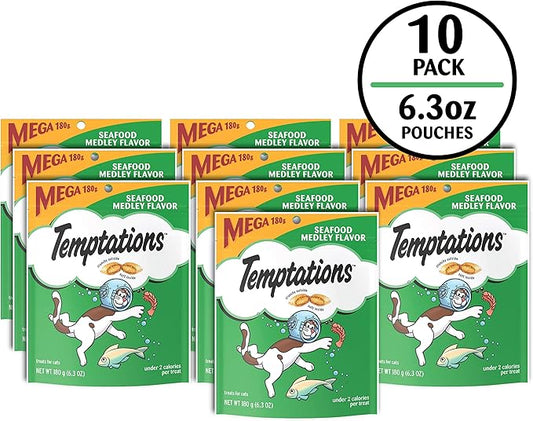 Temptations Classic Crunchy and Soft Cat Treats, Seafood Medley Flavor, 6.3 oz. Pouch (Pack of 10)
