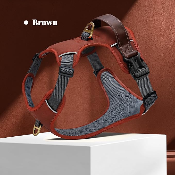 No Pull Dog Harness Small Sized Dog,Stylish PU Leather Vest with Easy Control Handle,No Choke Front Clip with 2 Metal Leash Clips,Reflective & Adjustable for Walking,Brown,Chest 19-24"
