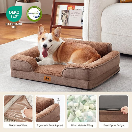 Orthopedic Dog Beds for Medium Size Dogs, Waterproof Egg-Crate Foam Pet Couch Bed with Soft Sides, Non-Slip Dog Sofa with Fleece Removable Washable Cover, 35" L Supportive Pet Sofa, Brown