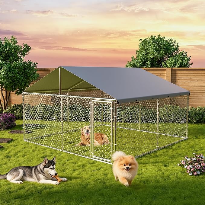 Large Outdoor Dog Kennel, 10x10x6ft Dog Kennel with Waterproof & UV-Resistant Cover, Large Dog House for Outside Backyard Farm