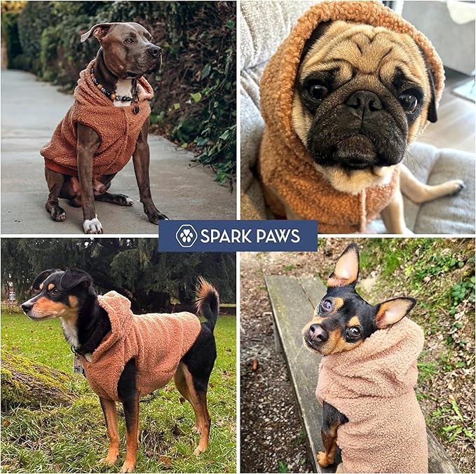 Spark Paws Fleece Dog Jacket, Hooded Sweater Vest, Warm Coat for Winter - Suitable for Small Medium Large XL XXL Breeds - Brown - XL