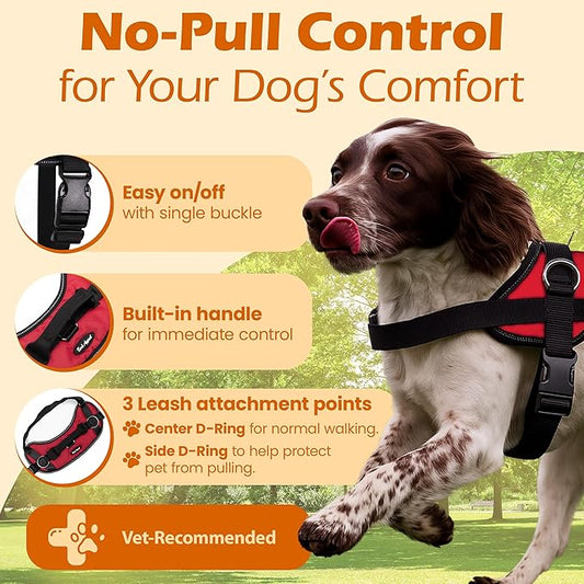 Bark Appeal Red No-Pull Dog Harness for Medium to Large Sized Pets – Adjustable, Reflective Vest with 3 Leash Clips for Added Control, Easy Walks & Training – Large