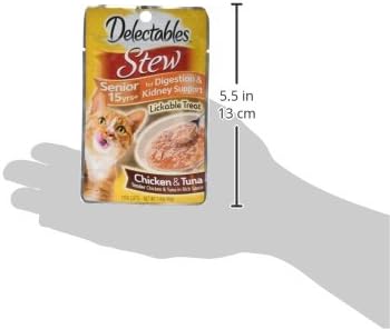 Delectables Lickable Treat Stew Senior 15+ Wet Cat Treat with Real Chicken & Tuna, Food Topper, Hydrating, Grain-Free, No Fillers, No By-Products, No Added Preservatives, 1.4oz Pouch, 12ct