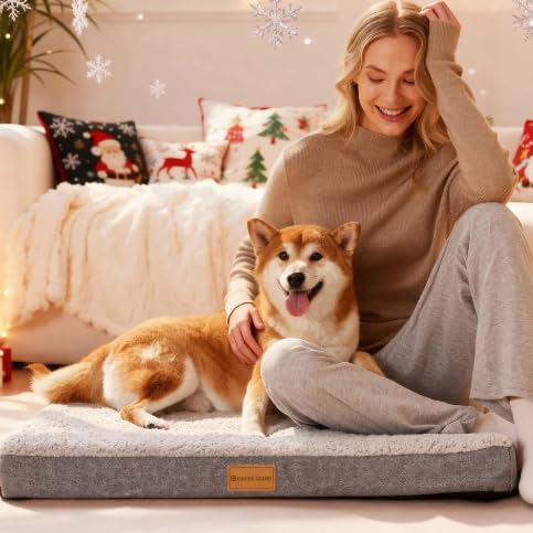 Patas Lague Orthopedic XL Dog Bed Large Sized Dog 42''X28'', Soft Waterproof Egg Crate Foam Large Pet Crate Beds Mat with Removable Washable Cover and Non-Slip Bottom, Ivory