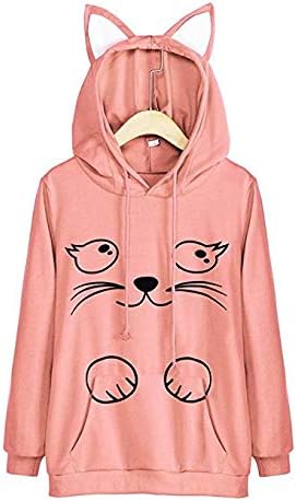 Women Girl Hoodies Cute Cat Ear Novelty Printed Pullover Sweatshirt