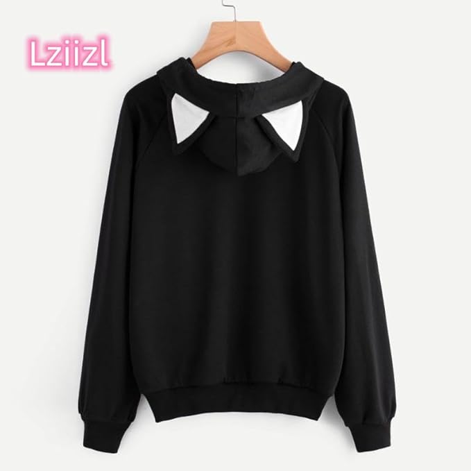 Women Girl Hoodies Cute Cat Ear Novelty Printed Pullover Sweatshirt