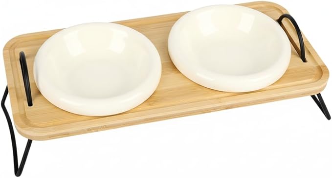 Raised Cat Ceramic Bowls with Wood Stand Kitty Elevated Bowls for Food and Water with Tilted Design Anti-Vomiting, Pet Bowl Set with Stainless Steel Base for Cats and Puppy by TDTOK ﻿