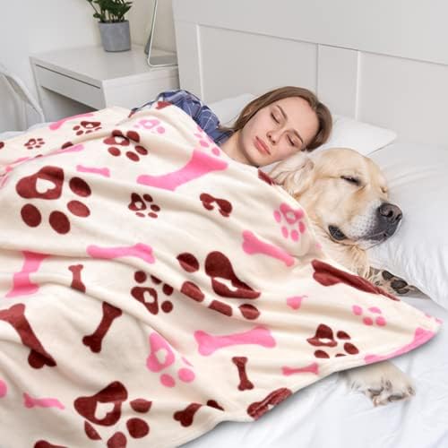 Rezutan Dog Blankets for Large Dogs, Medium Dog Blanket Soft Fluffy Premium Fleece Flannel Throw for Pet Puppy Cat Paw Blanket, Pink White, 50x60 inch