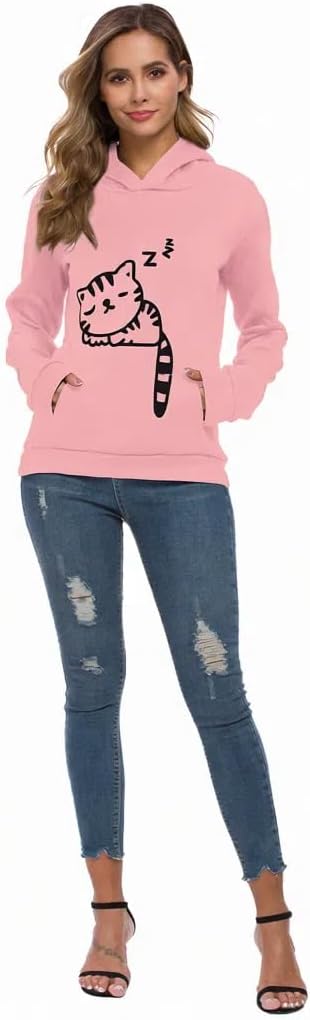 Women Teen Girls Hoodie Sweatshirt With Cute Cat Ear and Sleeping Cat Printed Pullover
