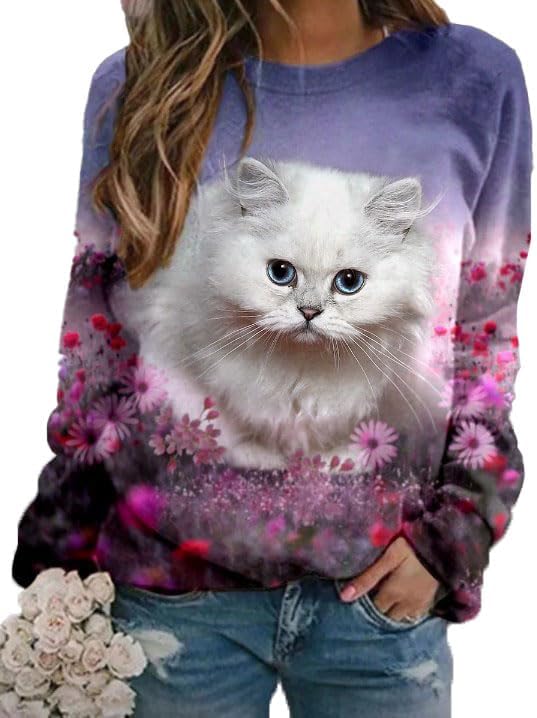 IVERIRMIN Womens 3D Cat Crewneck Sweatshirts Casual Cute Long Sleeve Shirts Pullover Tops Graphic Loose Fit Sweater for Women