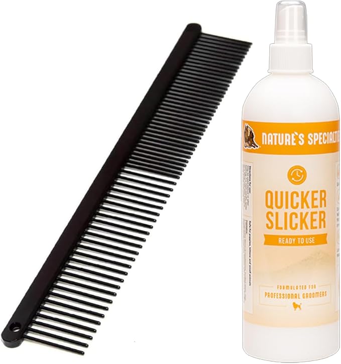 Paw Brothers Grooming Tool and Nature's Specialties Conditioning Spray Bundle - Greyhound Style Comb, Teflon, Fine/Coarse., 7.5 in - Quicker Slicker Detangle and Condition Spray, Ready to Use, 16 oz
