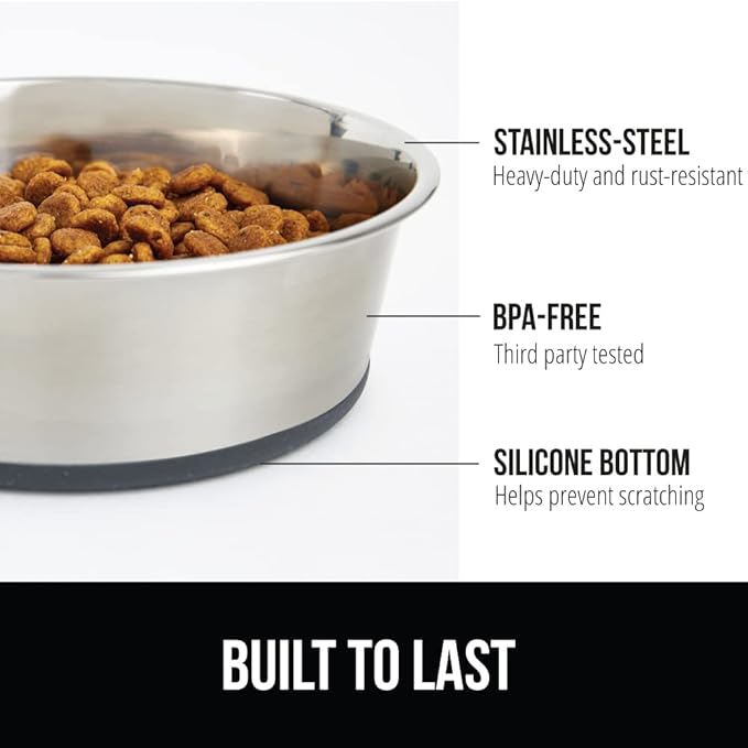 GORILLA GRIP Dog Bowl, Holds 4 Cups (32 fl oz), Heavy Duty Metal Food and Water Bowl for Feeding Dogs and Cats, Easy Clean, Dishwasher Safe, Rust Resistant Stainless Steel, BPA Free Rubber Base, Gray