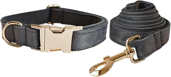 Love Dream Velvet Dog Collar and Leash Set, Soft & Comfy Adjustable Dog Leash and Collar with Heavy Duty Metal Buckle for Small Medium Large Dogs Training & Walking (XLarge, Dark Grey)