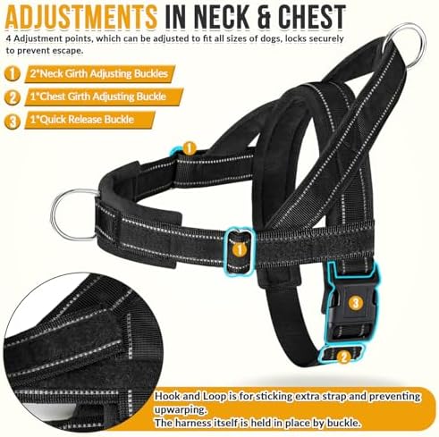 SlowTon No Pull Dog Harness - Heavy Duty Dog Harness and Leash Set for Medium Large Dogs, Reflective Tactical Harness with Soft Padded and Front Clip for Easy Walk and Training (Black M)