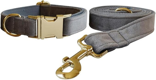 Love Dream Velvet Dog Collar and Leash Set, Soft & Comfy Adjustable Dog Leash and Collar with Heavy Duty Metal Buckle for Small Medium Large Dogs Training & Walking (Large, Grey)