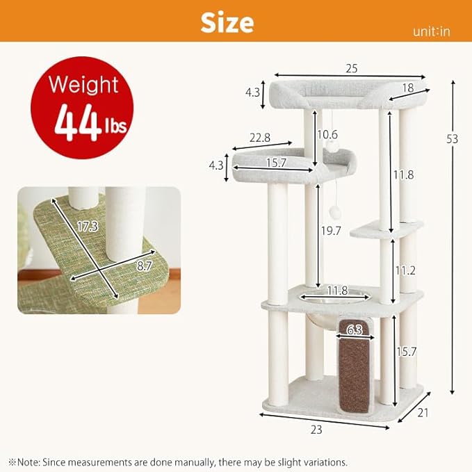 53'' Cat Tree for Large Cat, Modern Senior Friendly Cat Tower with Wide Shelves Low Step, Cotton Scratching Posts, Super Sturdy Base, Cozy Perches, and Interactive Toys (Green)