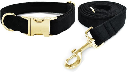 Love Dream Velvet Dog Collar and Leash Set, Soft & Comfy Adjustable Dog Leash and Collar with Heavy Duty Metal Buckle for Small Medium Large Dogs Training & Walking (Medium, Black)