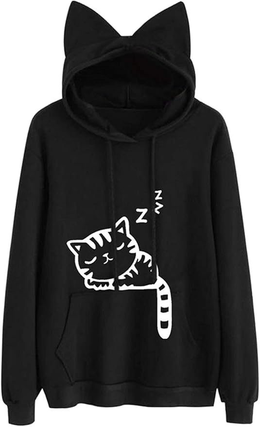 Women Girl Hoodies Cute Cat Ear Novelty Printed Pullover Sweatshirt