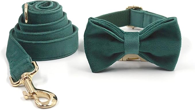 Personalized Velvet Dog Collars with Pet Name Phone Number Engraved, Custom Adjustable Soft Collar with Metal Buckle for Small Medium Large Dogs, Dog Leash and Bow Tie Available -Dark Green