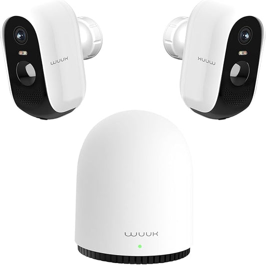 WUUK Security Cameras Wireless Outdoor, Indoor Camera, Home Surveillance System, 2K, No Monthly Fee, Motion Alert, Night Vision, 2.4/5 GHz WiFi, Compatible with Alexa & Google, Homebase + 2-Camera Kit