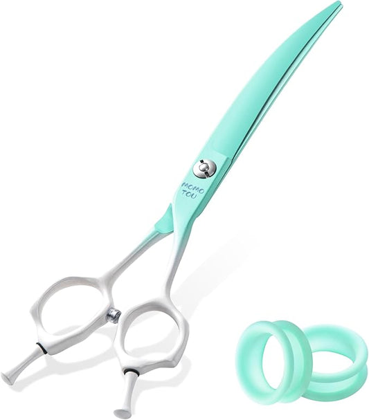 Curved Dog Grooming Scissors Green to White Gradient 440C Stainless Steel Sharp Durable Dog Shears for Professional or Home Use Ergonomic Handle with 2 Silicone Finger Rings