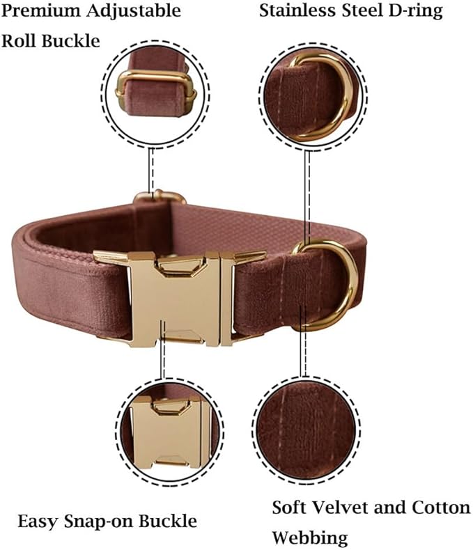 Velvet Dog Collar and Leash Set, Bright & Stylish Leash and Collar Set, Durable Pet Collars with Heavy Duty Quick Release Metal Buckle Adjustable for Samll Medium Large Dogs or Cats