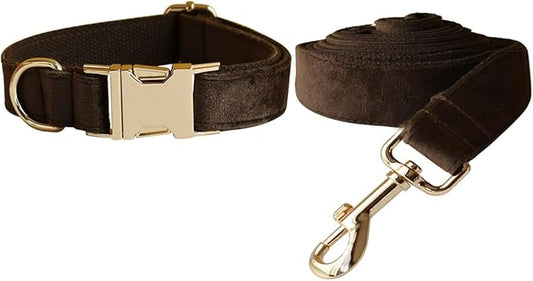 Love Dream Velvet Dog Collar and Leash Set, Soft & Comfy Adjustable Dog Leash and Collar with Heavy Duty Metal Buckle for Small Medium Large Dogs Training & Walking (Small, Brown)